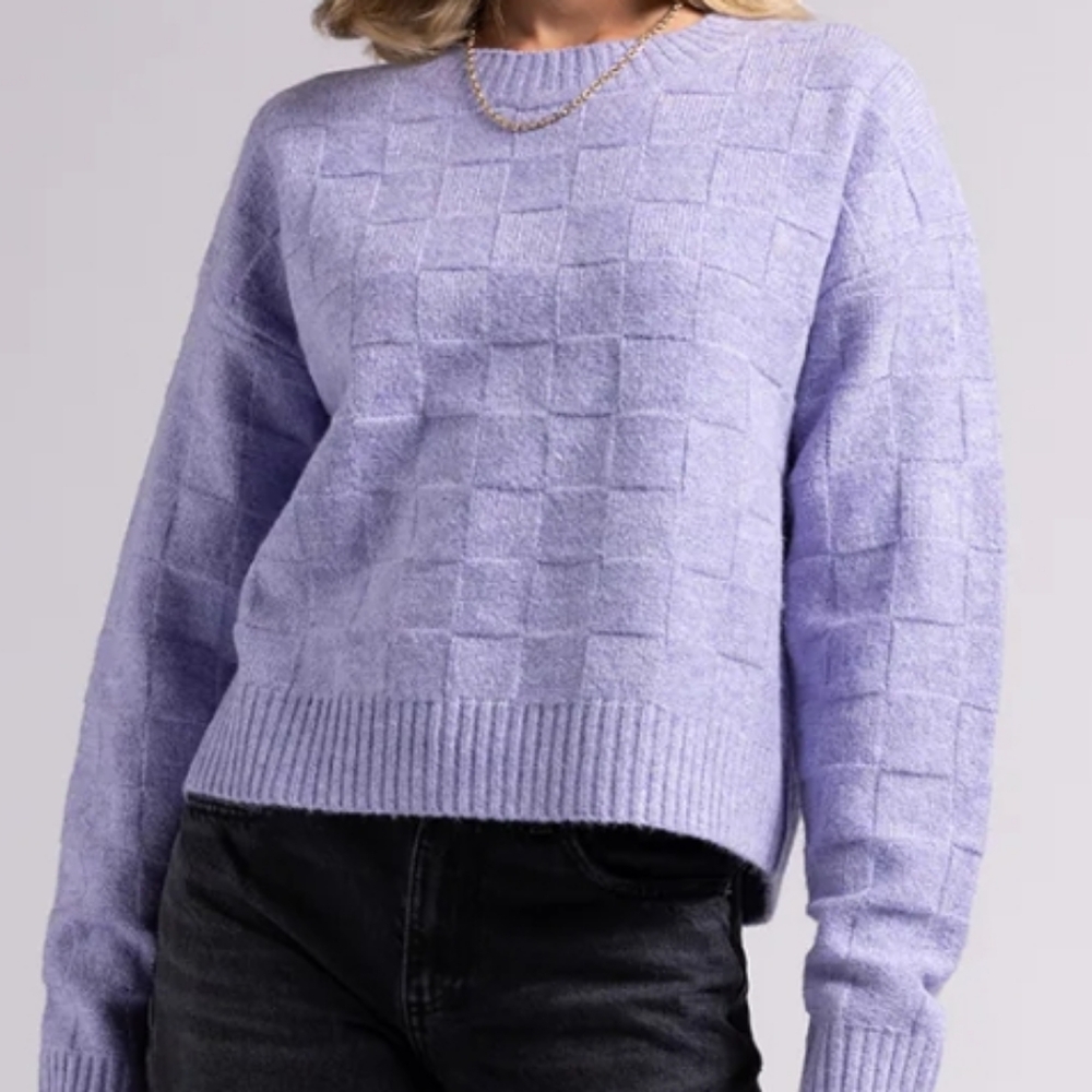 Weekend LA Hailey Checkered Basketweave Purple Crewneck Sweater, MP, NWOT